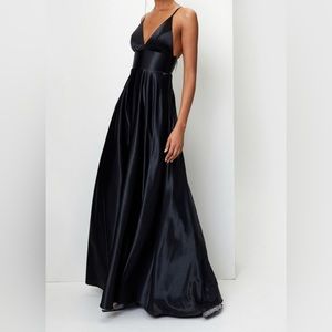 Plunging V Neck Open Back Satin Maxi Dress